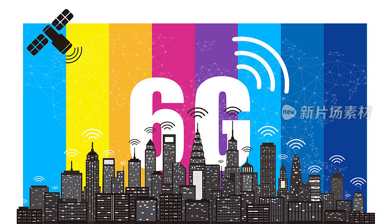 现代城市天际线与6G wifi技术概念，矢量股票插图